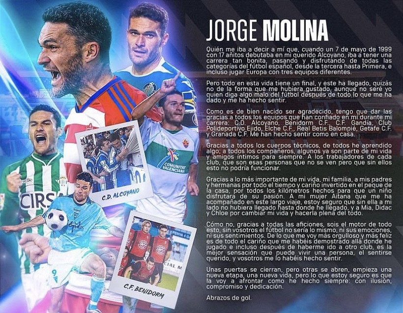  Jorge Molina confirma la seua retirada del futbol