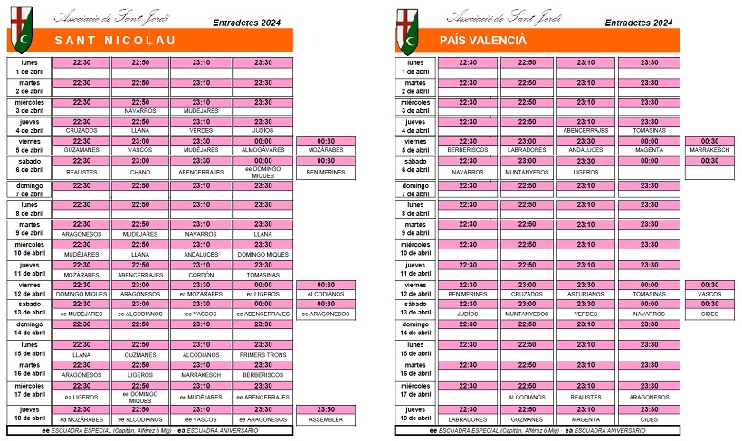 Establecido el calendario de Entradetes del mes de abril